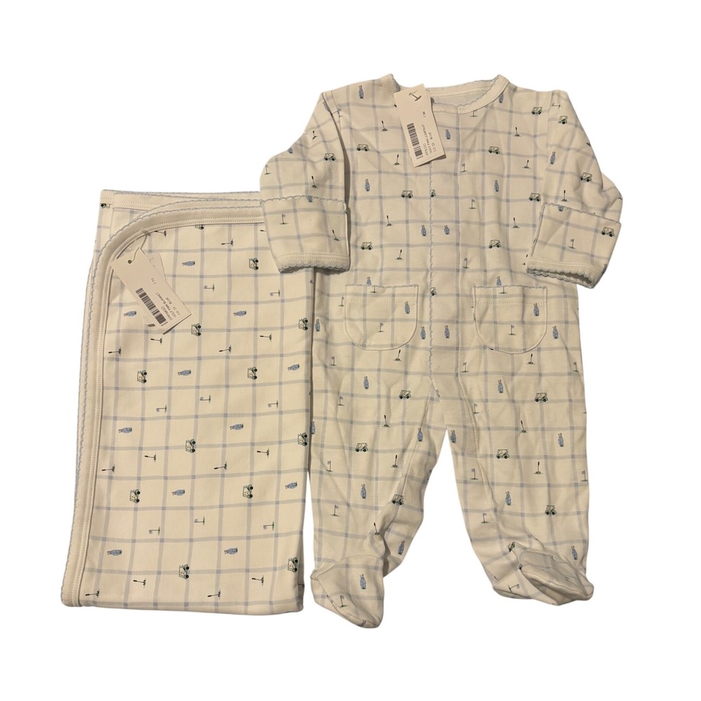 Tecomoabesos Golf Jumpsuit & Blanket Set Baby 3M Blue Pima Cotton Footed Romper